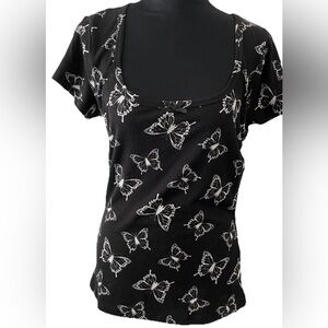 NWT Orange Kiss Black White Butterfly Print Ribbed Scoop Neck Short Sleeve sz 1X